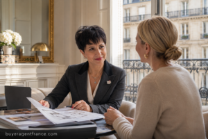 International buyer reviewing French property purchase documents with notaire in Paris