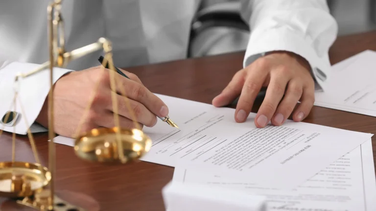 French notaire reviewing legal documents during a property purchase in France