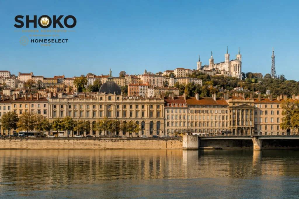 View of Lyon's Presqu'île peninsula with the Saône river in the foreground and classical Lyonnaise architecture lining the quais