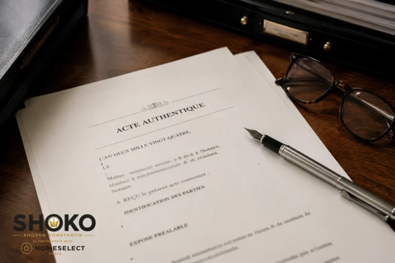 Close-up of a French property sale agreement document on a notaire's desk with a pen ready to sign
