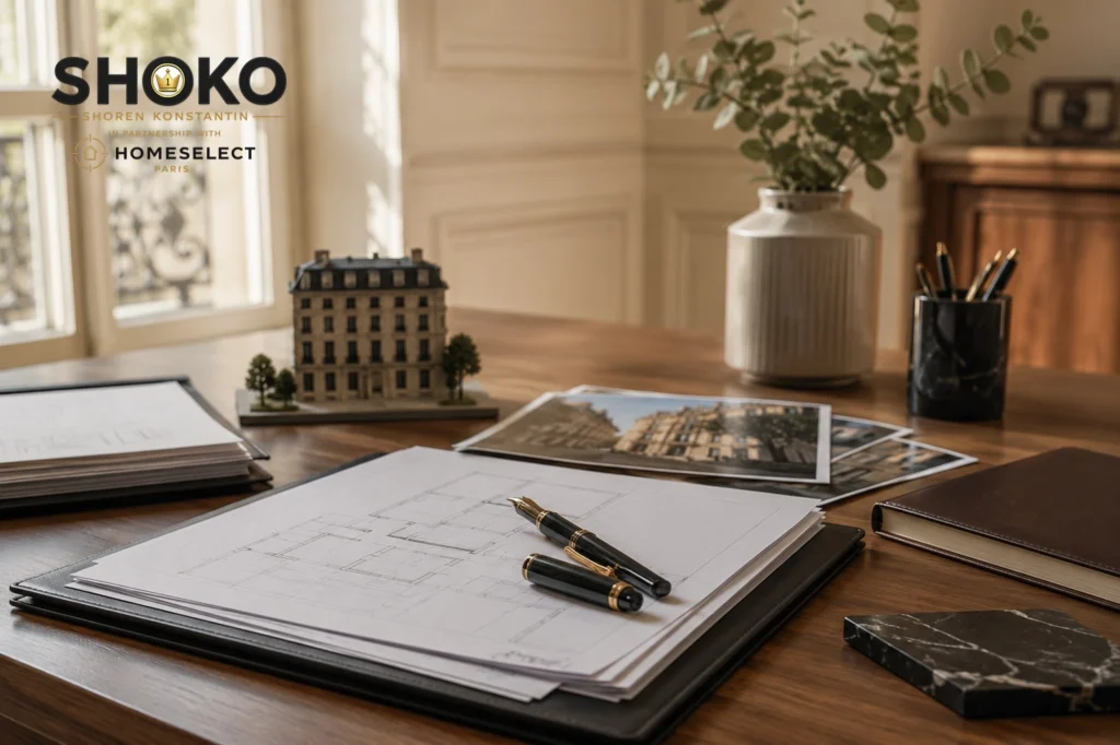 Professional desk with financial documents and fountain pen representing the French mortgage application process for foreign buyers