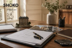 Professional desk with financial documents and fountain pen representing the French mortgage application process for foreign buyers