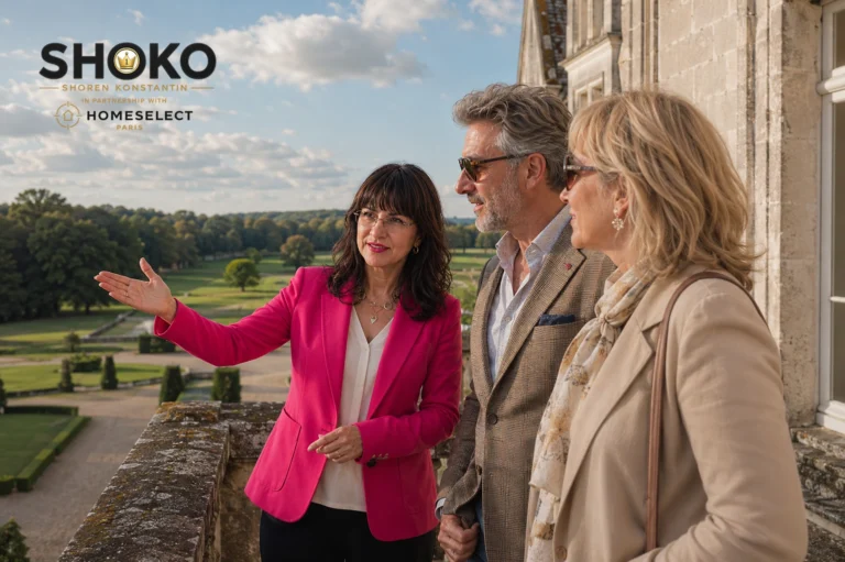 SHOKO reviewing a property shortlist with an international couple on a terrace overlooking the old town and marina of Antibes