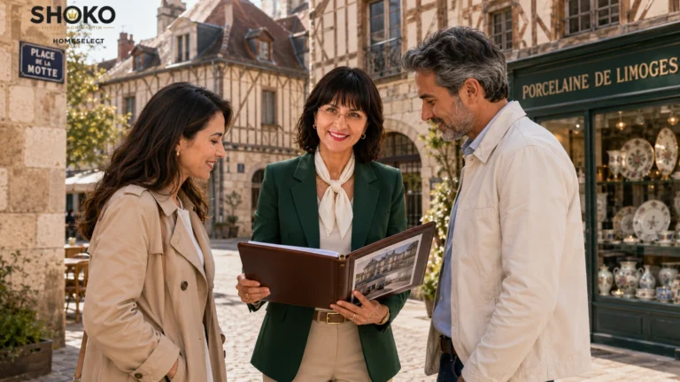 SHOKO presenting a property portfolio to an international couple in a charming Limoges square