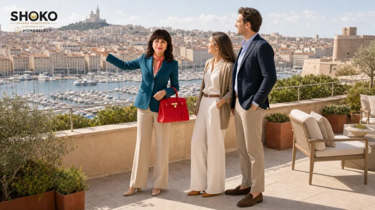 Buyer agent showing a Mediterranean-view property to international clients in Marseille