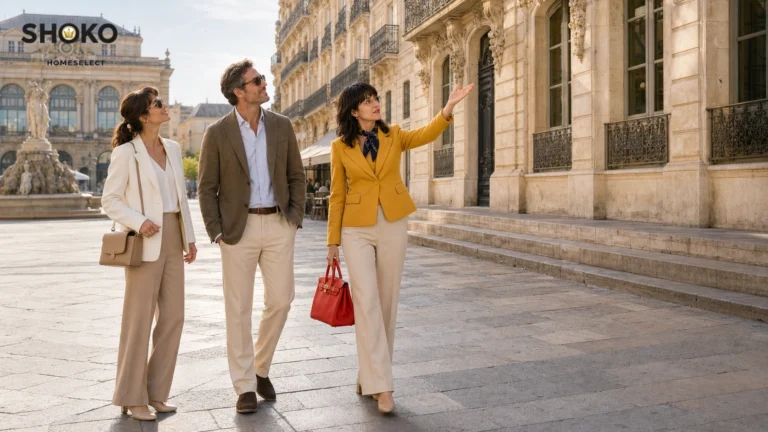 Buyer agent showing a property in Montpellier's historic center to international clients