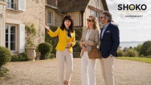 SHOKO presenting a honey-stone Norman manor house with half-timbered details to an international couple in a gravel courtyard