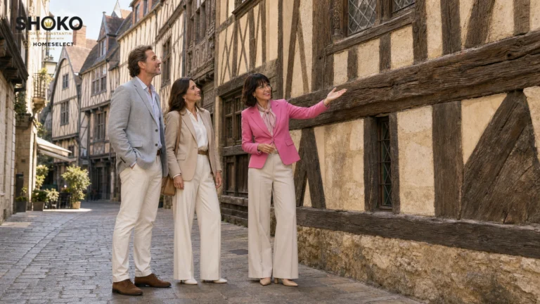Buyer agent showing international clients a historic townhouse in Tours, Loire Valley