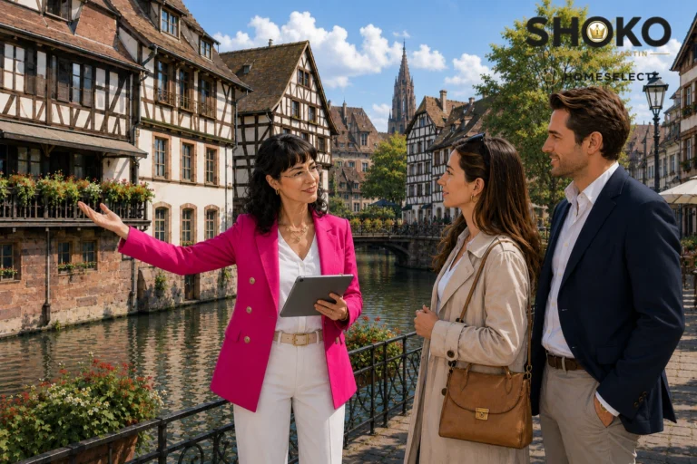 International buyers walking through Rennes' historic half-timbered town center