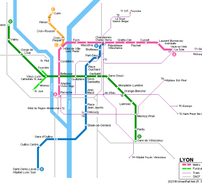 Public transport map of Lyon, France showing connectivity between neighborhoods for property buyers