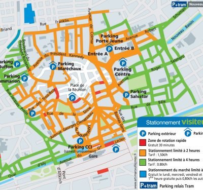 Public transport map of Mulhouse showing connectivity between neighborhoods for property buyers