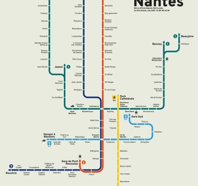 Public transport map of Nantes, France showing connectivity between neighborhoods for property buyers