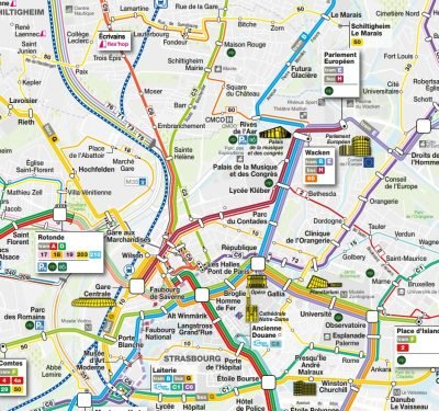 Map of Strasbourg public transportation network showing tram and bus lines connecting major neighborhoods across the city.